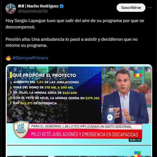 Qué le pasó a Sergio Lapegüe tras salir de su programa en vivo