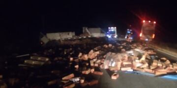 Un camión transportaba dulces de membrillo y volcó en San José de las Salinas.