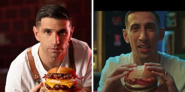 ¿Mostaza o McDonald’s? Cómo son las hamburguesas que promocionan el Dibu Martínez y Ángel Di María.