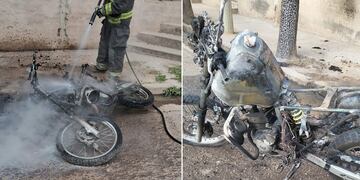 Así quedó la moto incendiada por un vecino en barrio Villa La Lonja en medio de un procedimiento (Policía).