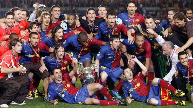 EDITORIAL USE ONLY
Mandatory Credit: Photo by Ed Sykes/Shutterstock (8492087em)
Barcelona Players Celebrate After Winning the Champions League Italy Rome
Barcelona V Manchester United - 27 May 2009