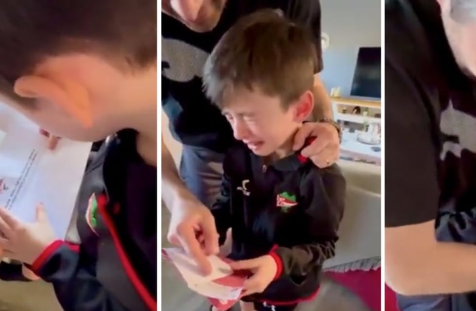 Lágrimas y amor, la tierna reacción de un pequeño fueguino al recibir un increíble regalo de Estudiantes de La Plata