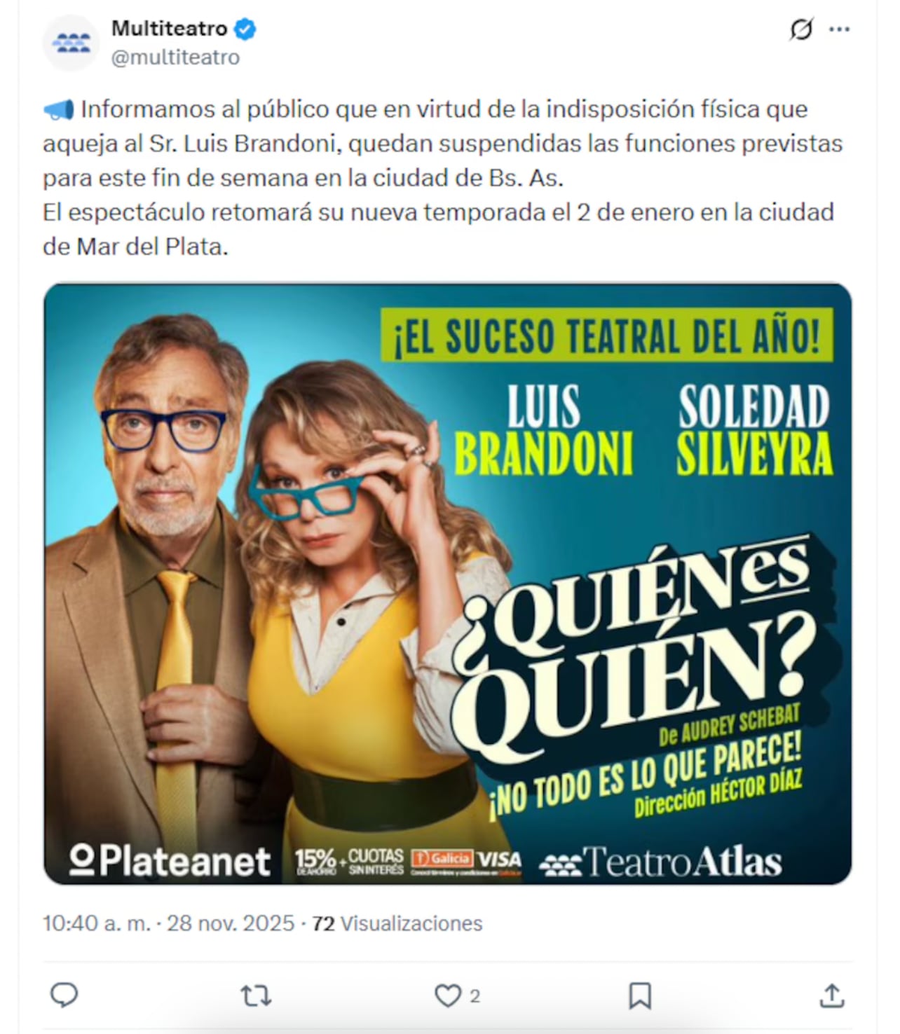 Multiteatro anunció la cancelación de las últimas funciones de "¿Quién es quién?" en Capital. (Foto: captura de pantalla)