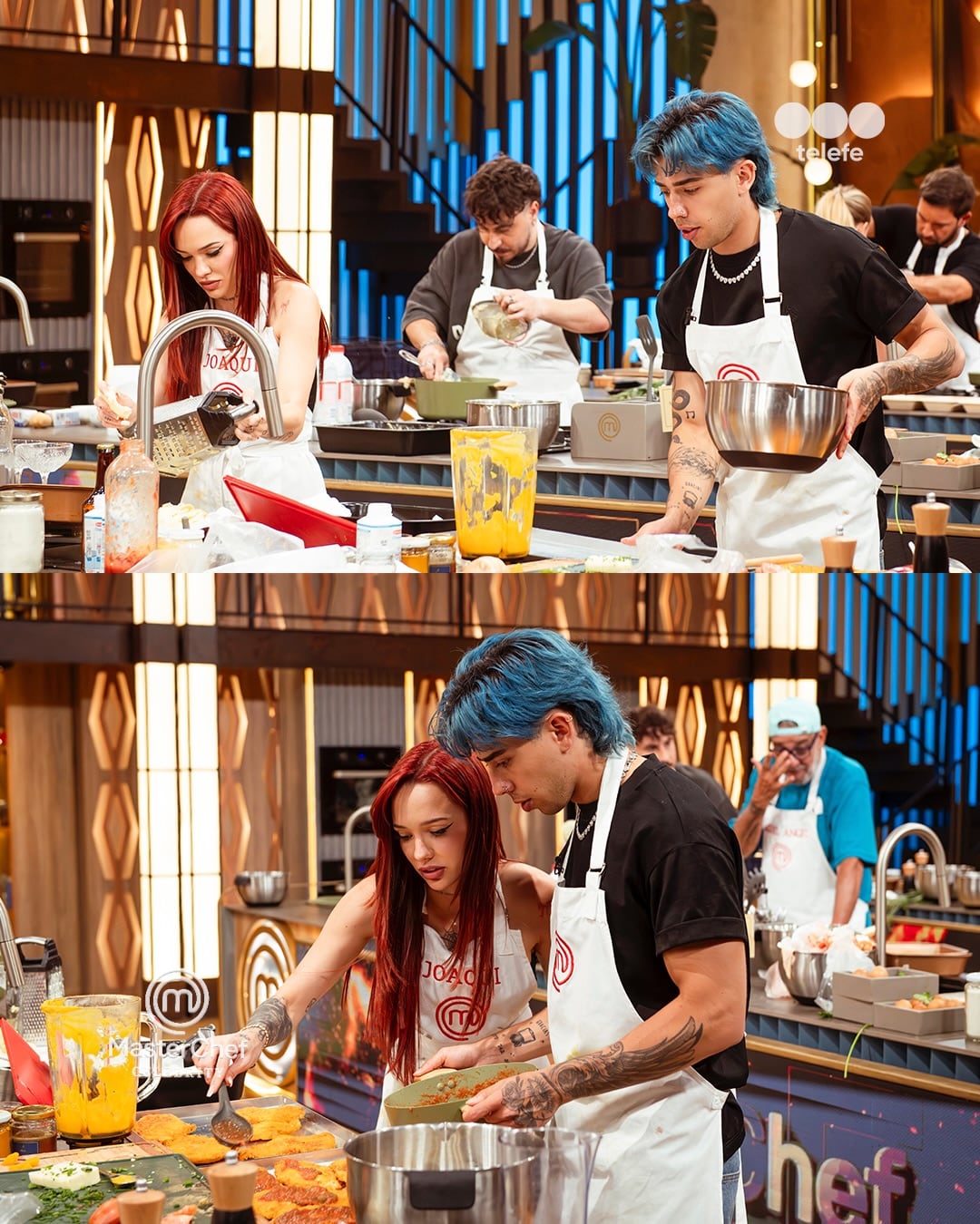 La pareja en medio de la cocina.