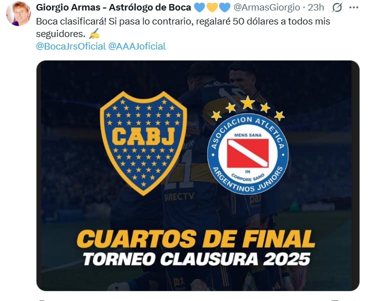 Esto fue lo que predijo Giorgio Armas sobre el partido de Boca vs Argentinos Juniors.