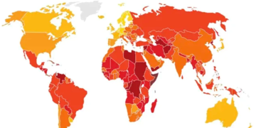 El mapa muestra el ranking anticorrupción elaborado por esta encuesta, siendo los tonos más oscuros los países peor ubicados en el ranking.