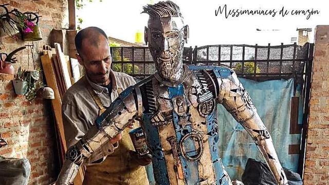 Un chaqueño hizo una escultura de Messi con chatarra.