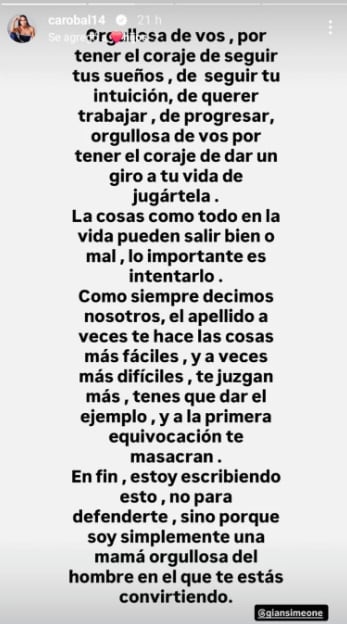 El tierno mensaje de Caro Baldini para su hijo Gianluca Simeone.