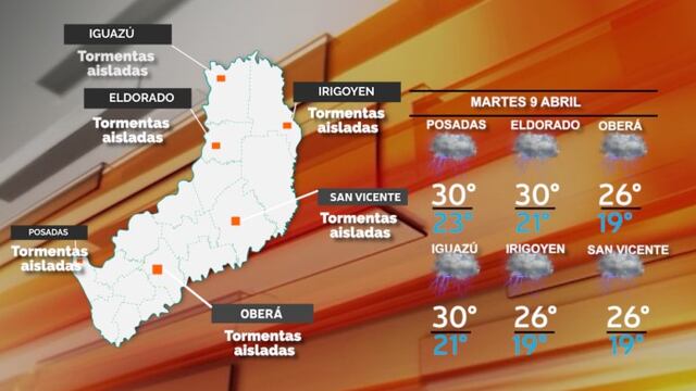 Martes con pronóstico de lluvias y ocasionales tormentas aisladas en gran parte de Misiones.