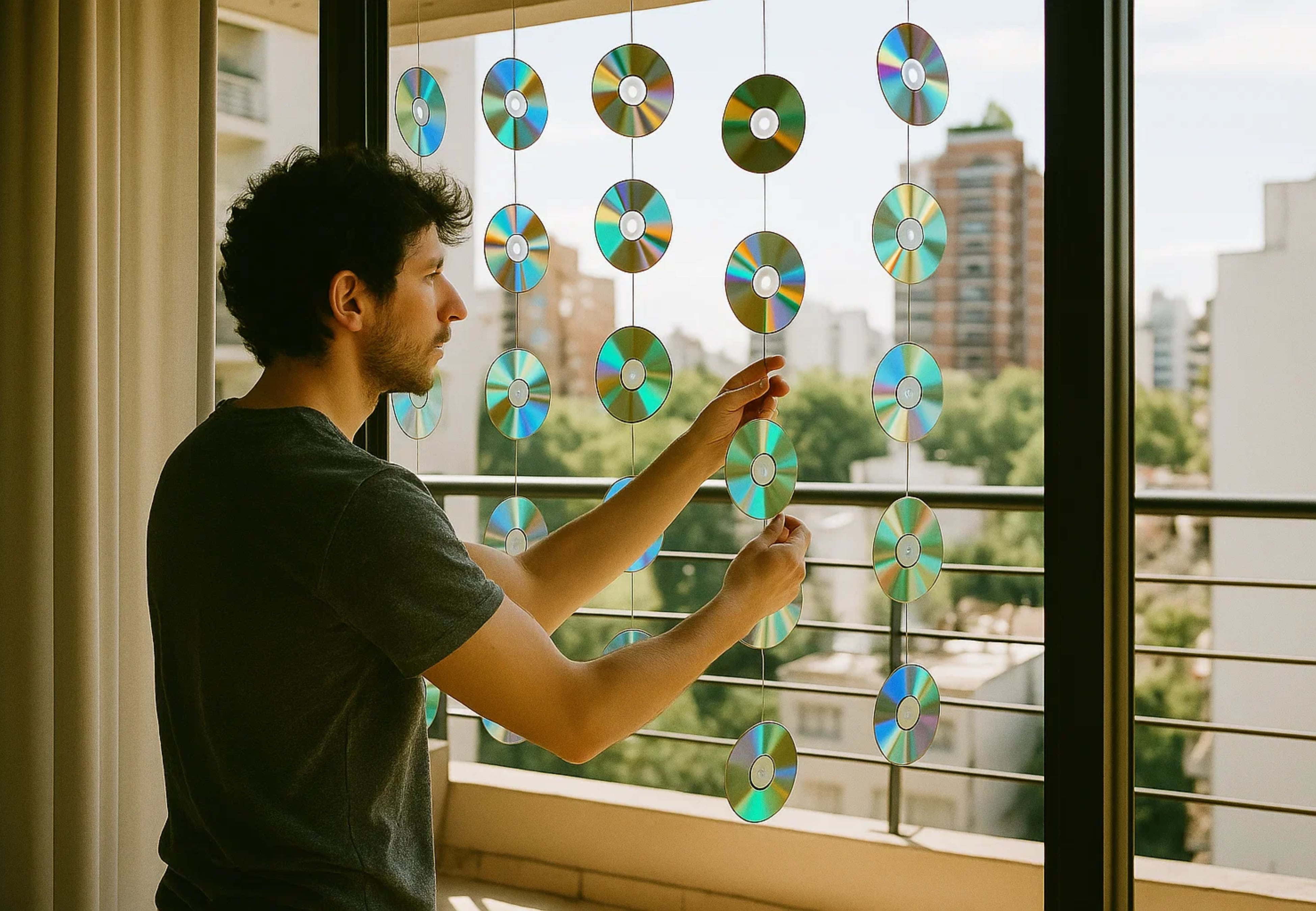 Para este truco solo se necesita una tanza y CDs.
