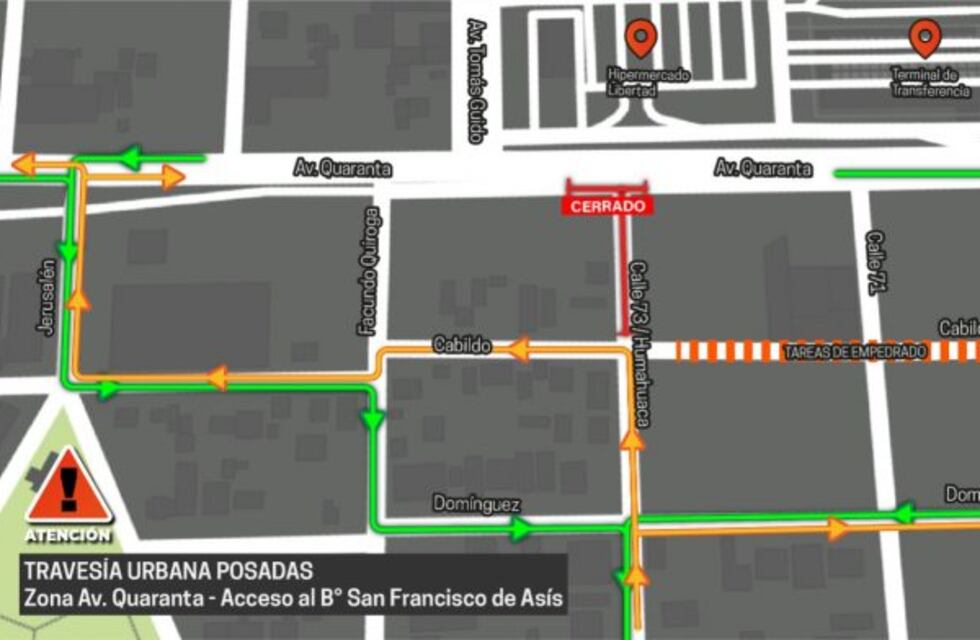 Por 60 días estará interrumpido el tránsito en la Colectora Sur de avenida Quaranta y la Calle 73 de Posadas