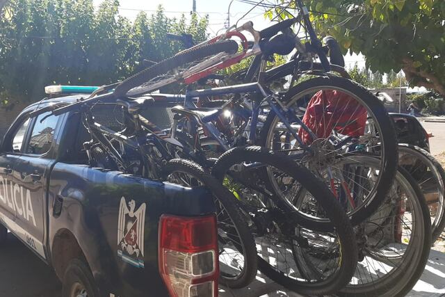 La Policía de Mendoza recuperó 10 bicicletas robadas en una casa de Gutiérrez y busca a sus dueños. Foto: Ministerio de Seguridad de Mendoza.