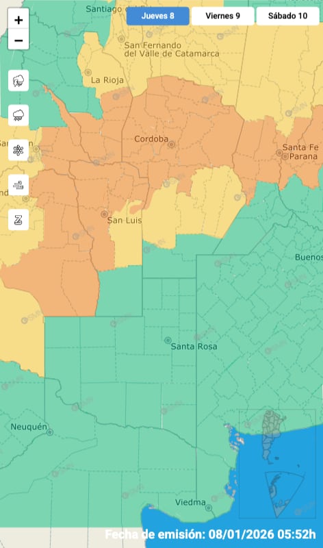 Alerta naranja y amarilla por tormenta para Córdoba este jueves 8 de enero.