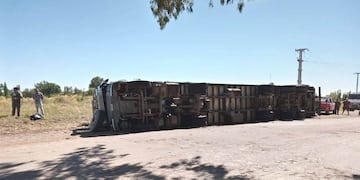 El transporte de manzanas terminó volcado a un costado de la ruta provincial 171.
