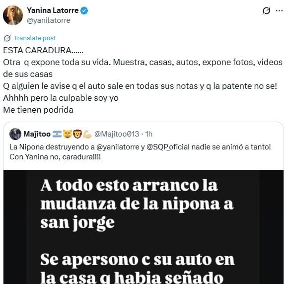 Yanina Latorre le responde a la China Suárez.