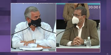 El gobernador Gerardo Morales y el intendente Oscar Jayat, de la ciudad de Libertador general San Martín, en el informe del COE Jujuy.