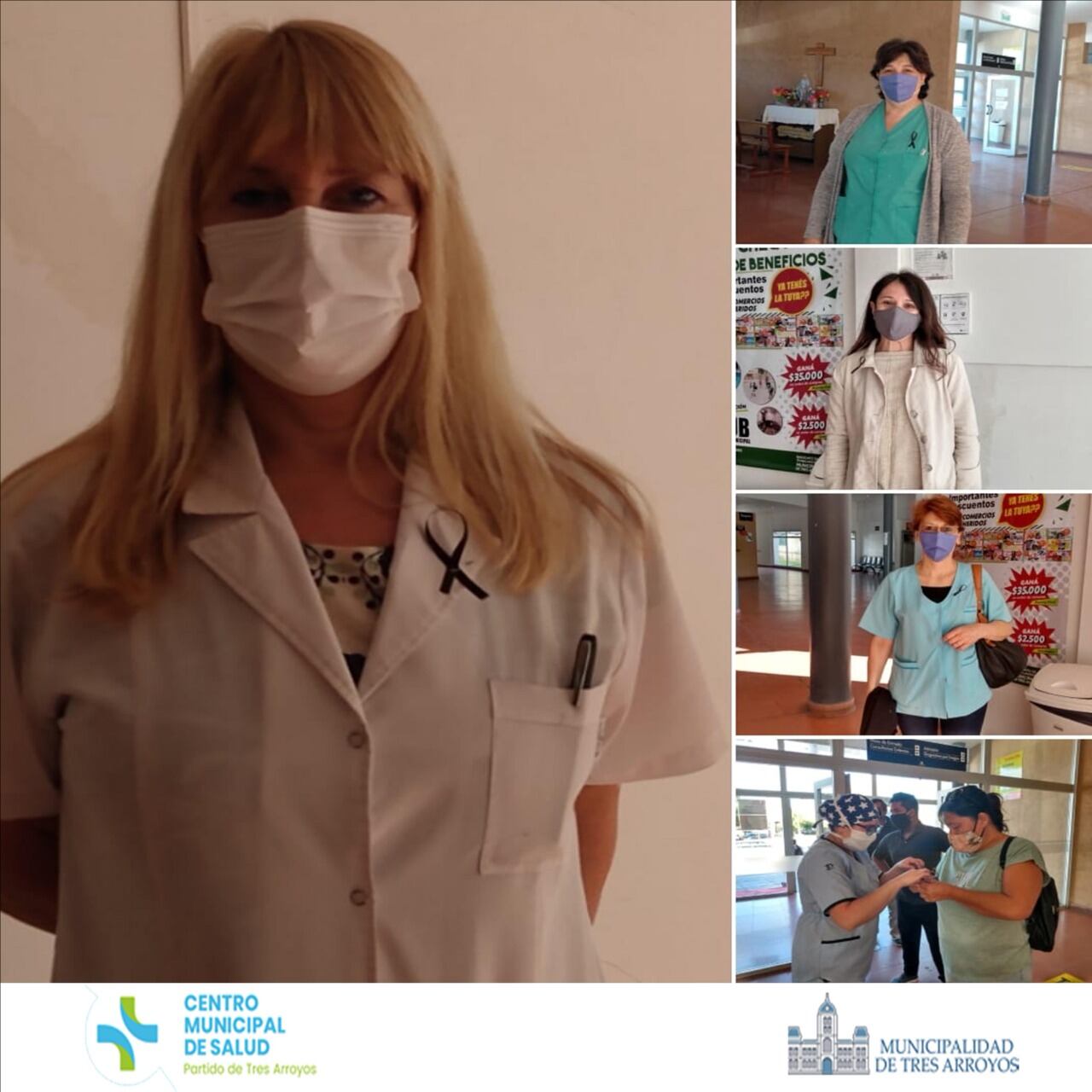 En Conmemoración al día del médico y en homenaje a los fallecidos por Covid -19, en el ingreso del Centro Municipal de Salud se entregan lazos negros al personal