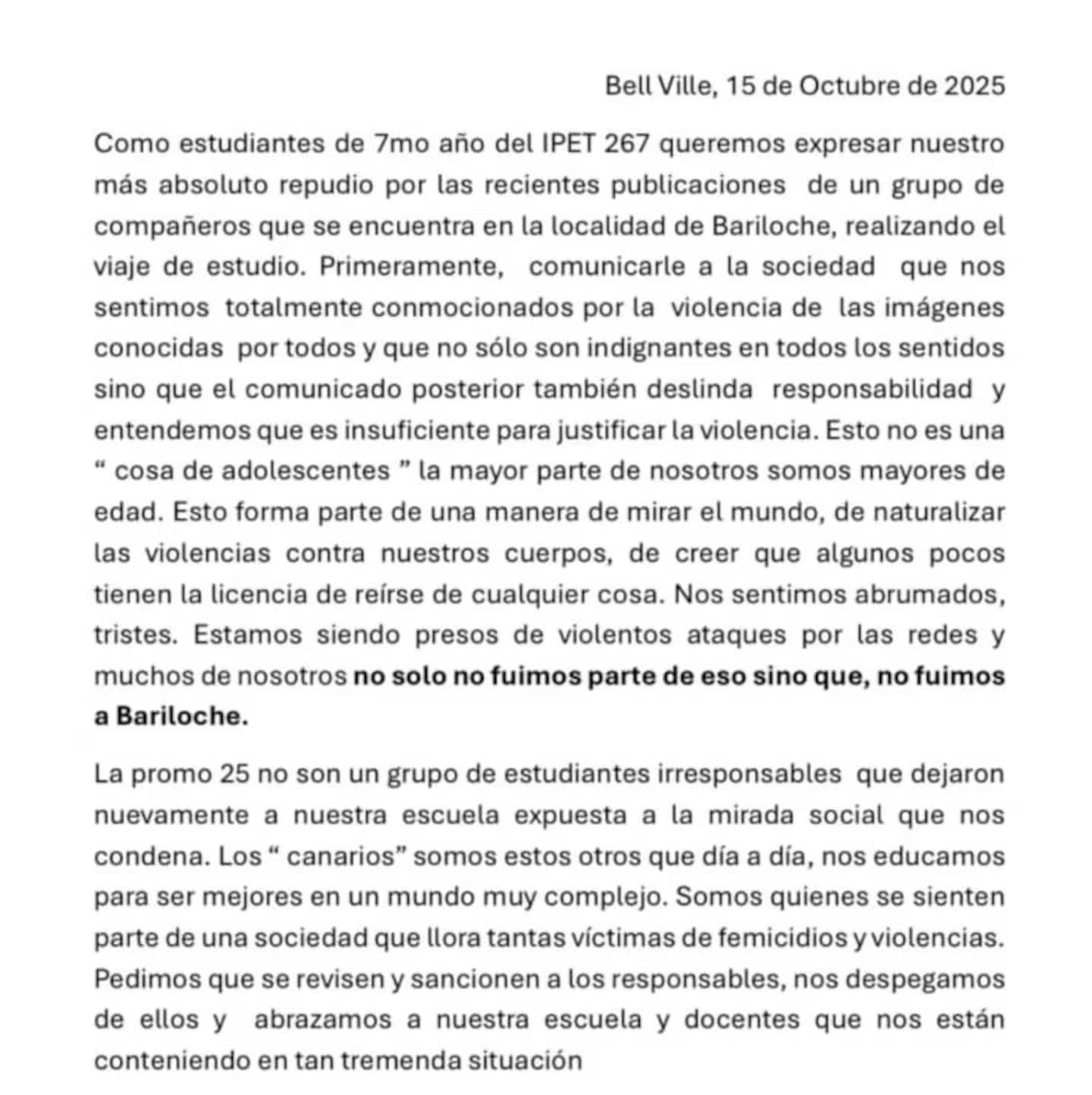 El duro mensaje de los compañeros del cordobés que se disfrazó de mujer abusada en Bariloche.