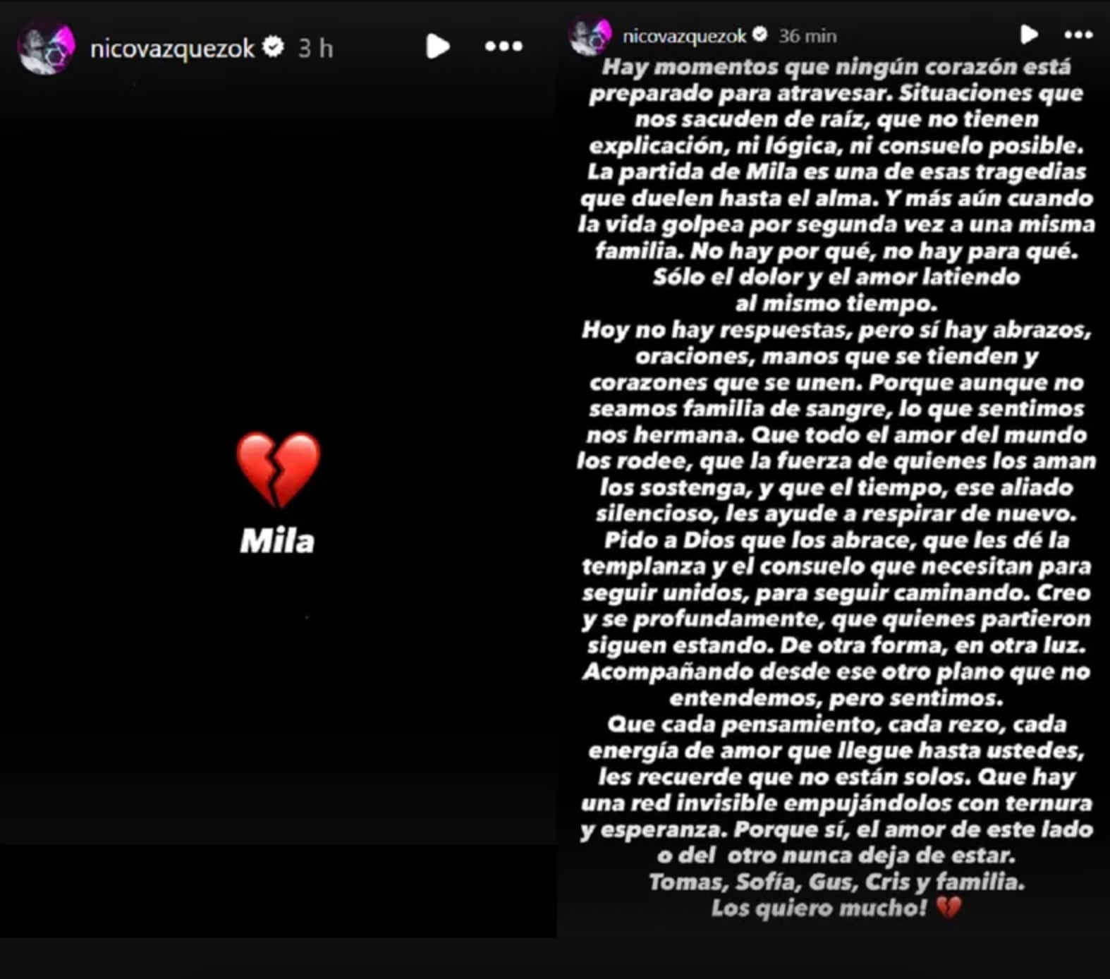Las publicaciones de Nico Vázquez tras la muerte de Mila Yankelevich. (Foto: Captura de pantalla)