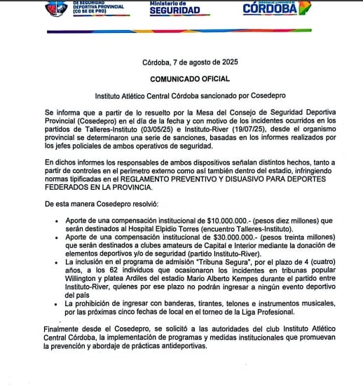 La sanción que recibió Instituto por los incidentes con Talleres y River.