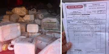Los envases hallados en el camión y un remito que da cuenta de que la empresa cuestionada transporta material bajo la denominación de "polietileno para reciclar" hacia su planta de la ciudad salteña de General Güemes.