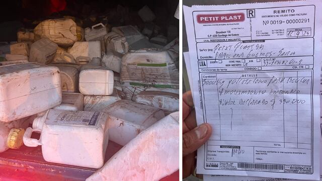 Los envases hallados en el camión y un remito que da cuenta de que la empresa cuestionada transporta material bajo la denominación de "polietileno para reciclar" hacia su planta de la ciudad salteña de General Güemes.