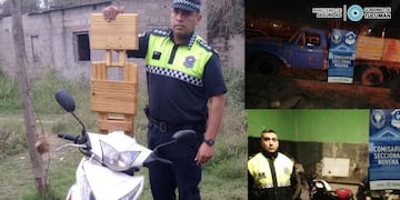 La banqueta utilizada en la agresión, y la moto en que huyó la cobarde atacante.