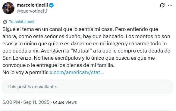 La advertencia de Marcelo Tinelli en X.
