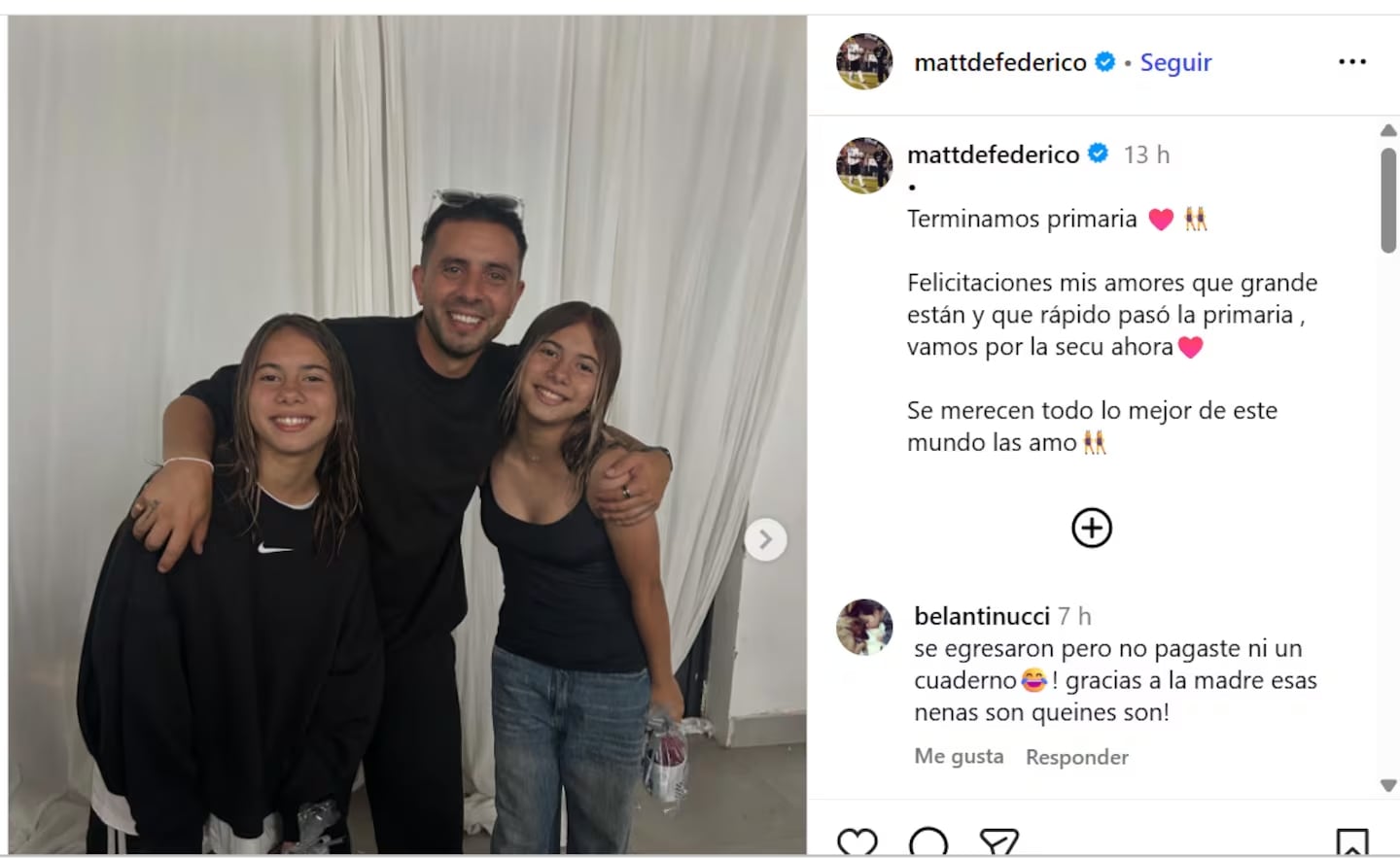 Las duras críticas que recibió Matías Defederico por compartir el egreso de sus hijas de la primaria