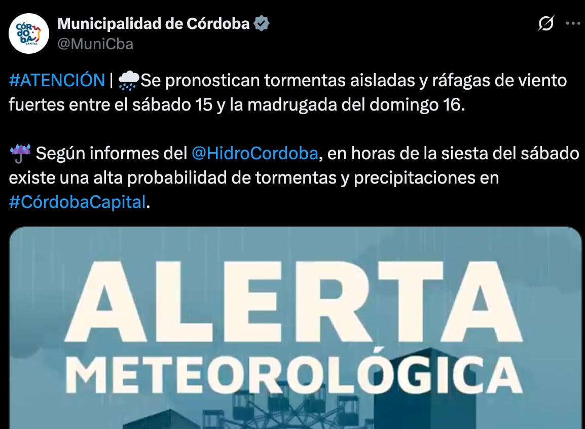 Desde la Municipalidad Ratificaron un brusco cambio de tiempo para Córdoba.