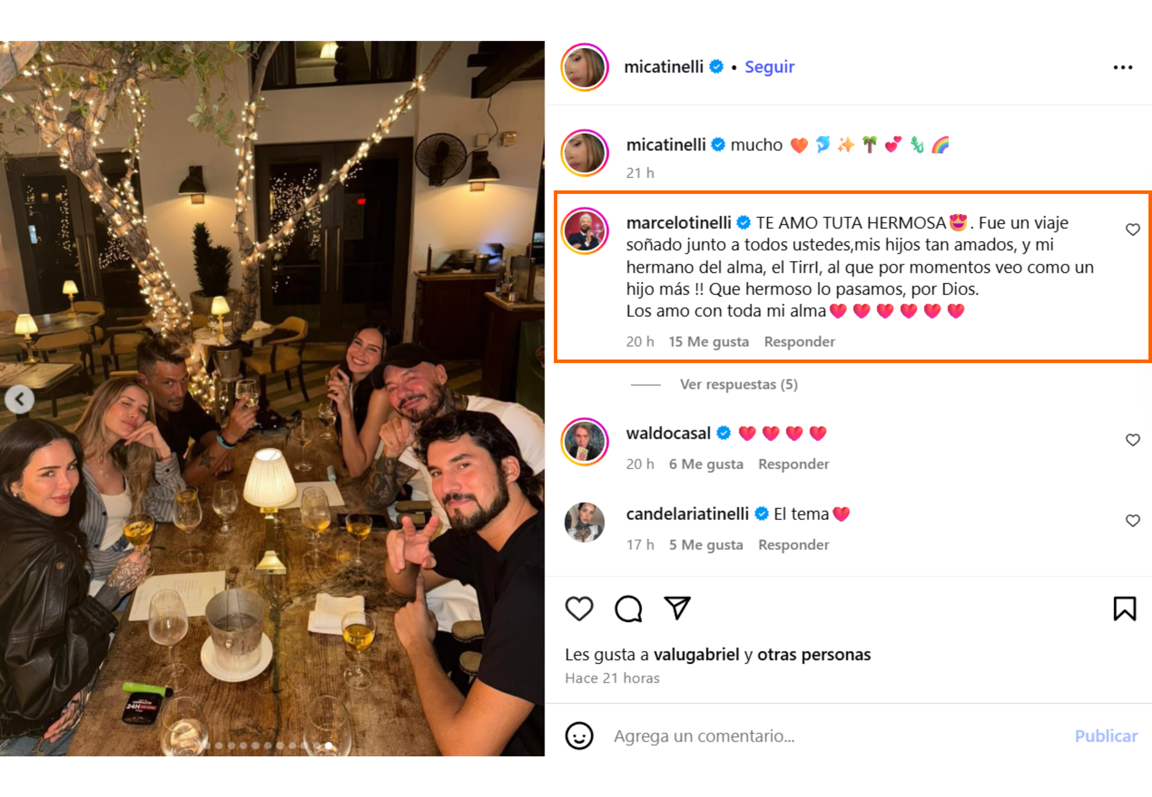 El comentario de Marcelo en Instagram.