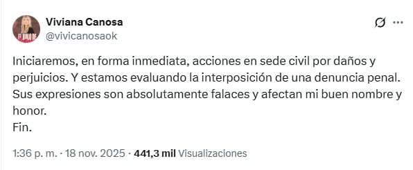 El mensaje de Canosa tras los dichos de Fabiola