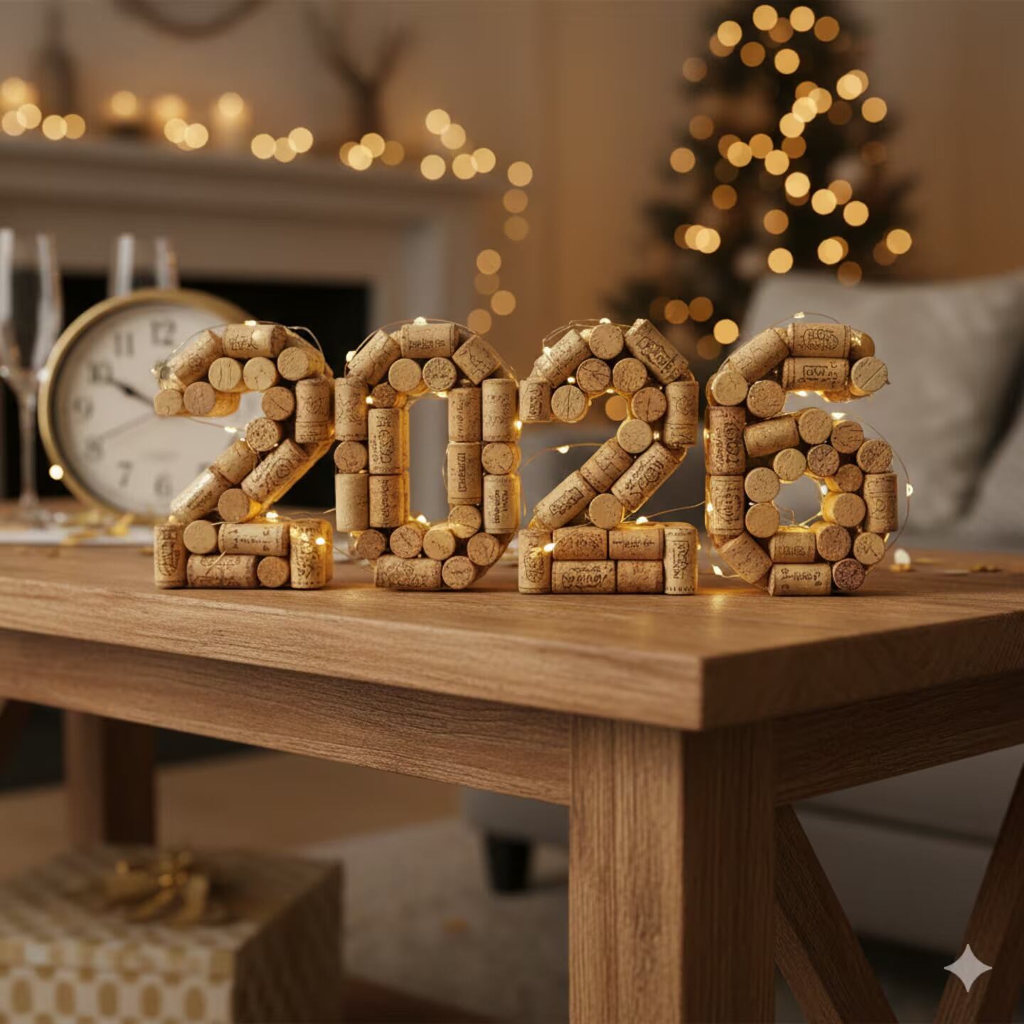 Un centro de mesa con corchos y velas aporta una estética cálida, natural y festiva a la celebración.