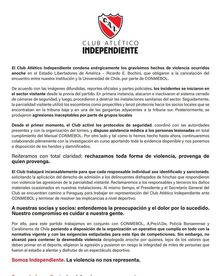Comunicado de Independiente tras los incidentes.