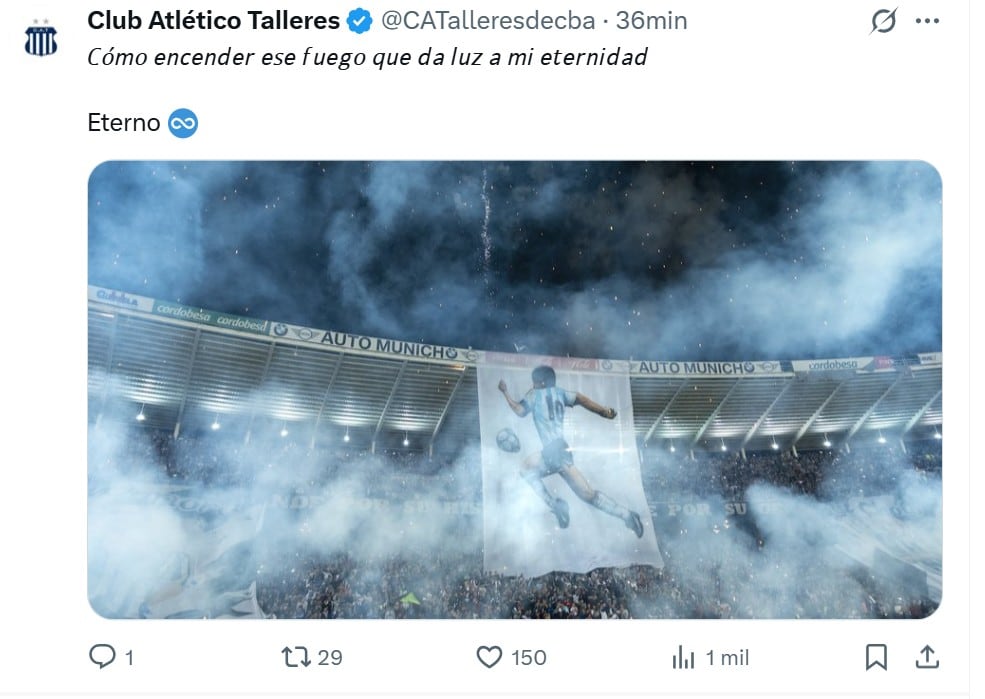 Talleres y el recuerdo eterno de Diego Armando Maradona en una bandera en el Kempes.