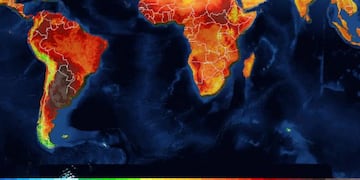 El mapa que muestra las altas temperaturas en Sudamérica y en particular en la Argentina.