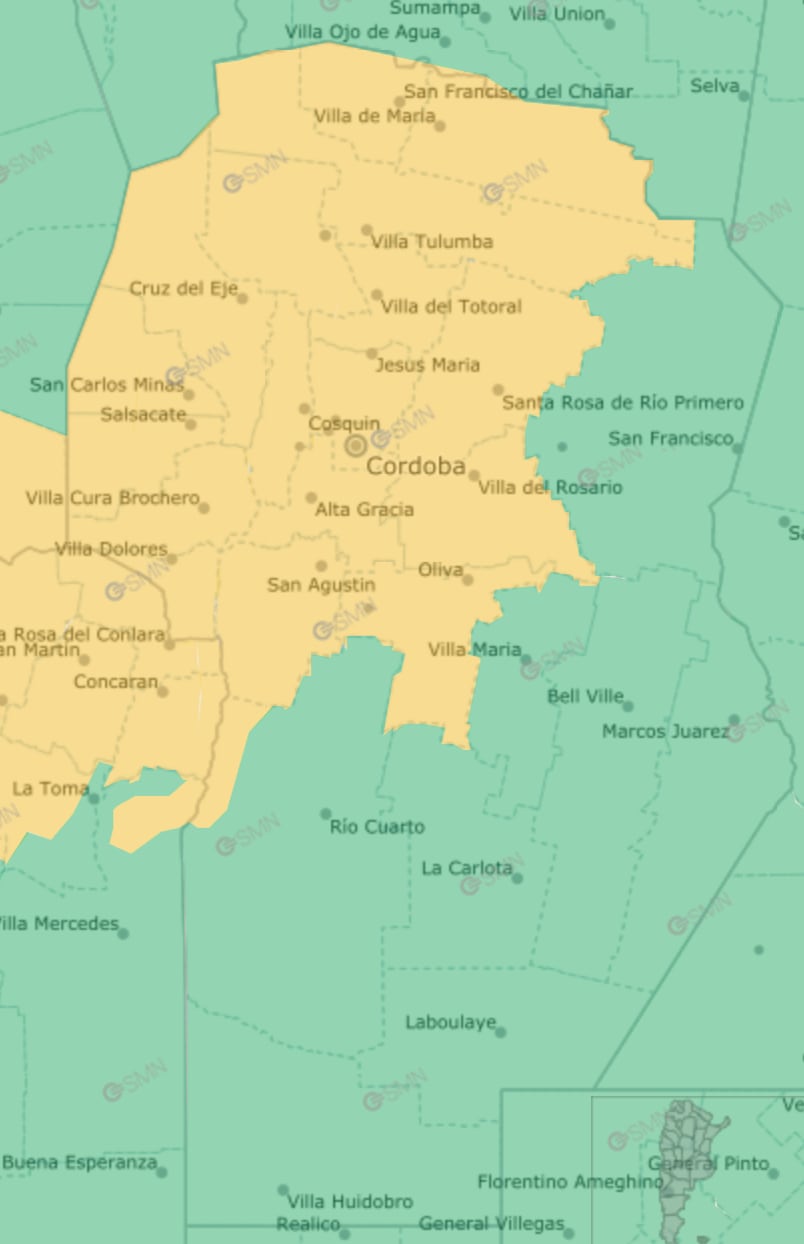 Las zonas de Córdoba en las cuales rige alerta amarilla por tormentas este sábado 1 de noviembre.