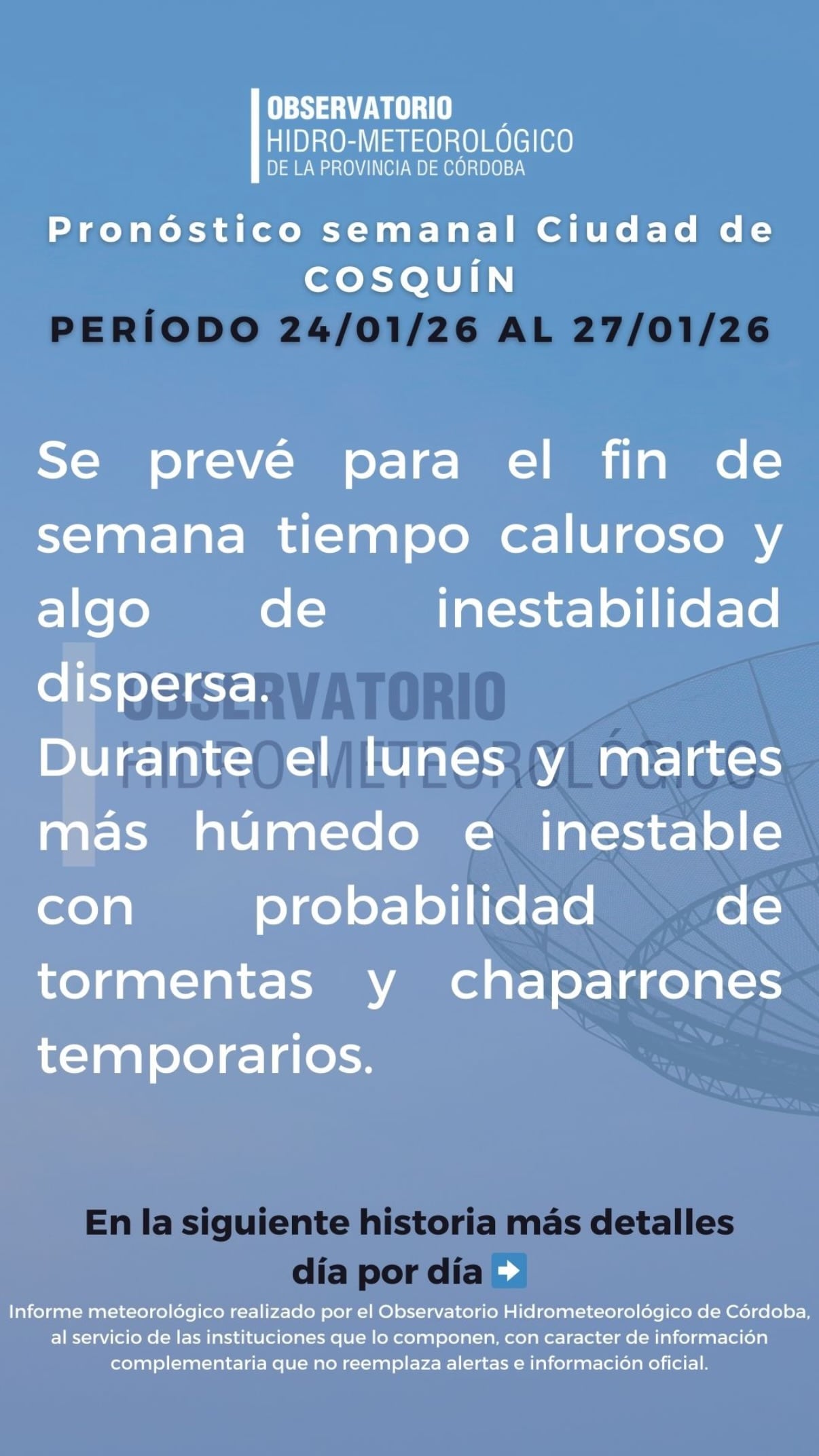 El mensaje del OHMC sobre las condiciones climáticas en Cosquín para este fin de semana.