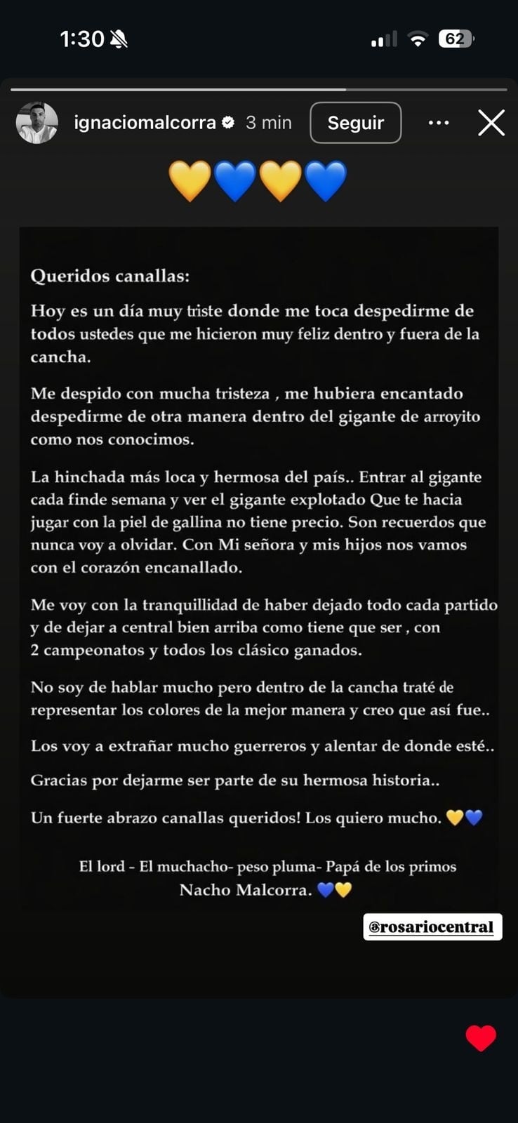 Ignacio Malcorra se despidió desde las redes sociales.