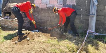 Bomberos trabajando en una vivienda de Berrotarán con la ayuda de su perro rastreador. (MPF)