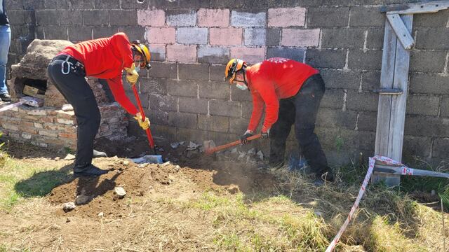 Bomberos trabajando en una vivienda de Berrotarán con la ayuda de su perro rastreador. (MPF)