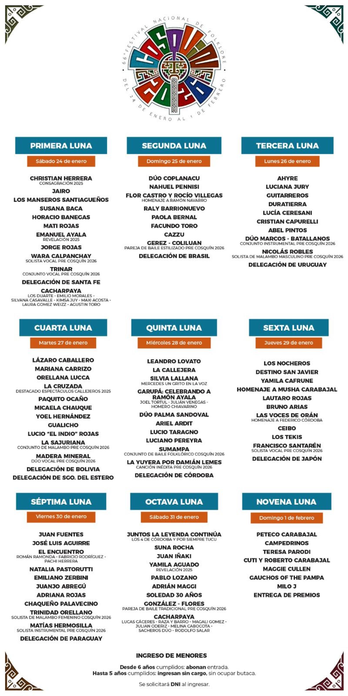 La grilla completa del Festival de Cosquín 2026.