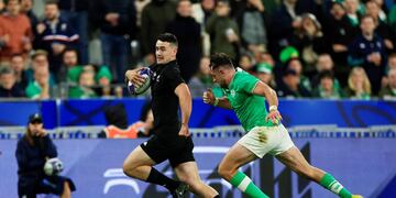 Will Jordan, autor de uno de los tries de Nueva Zelanda ante Irlanda, por cuartos de final del Mundial de Francia. (AP)