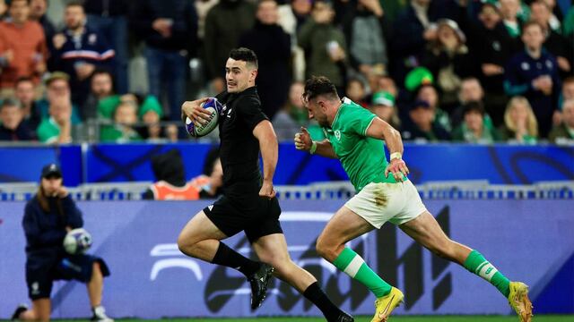 Will Jordan, autor de uno de los tries de Nueva Zelanda ante Irlanda, por cuartos de final del Mundial de Francia. (AP)