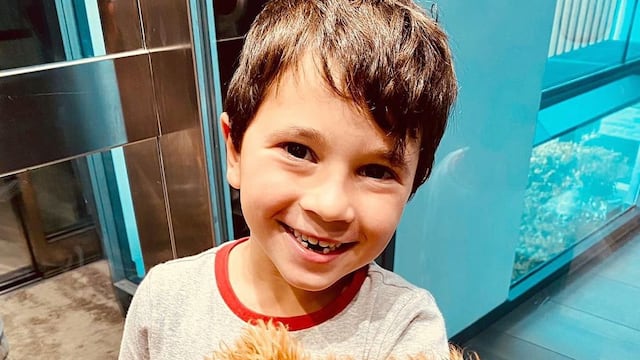 Mateo Messi sonríe con su perro Abú en brazos. (@antonelaroccuzzo)