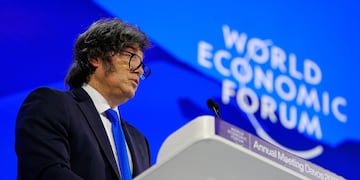 Javier Milei habla durante la reunión anual del Foro Económico Mundial en Davos. (AP)