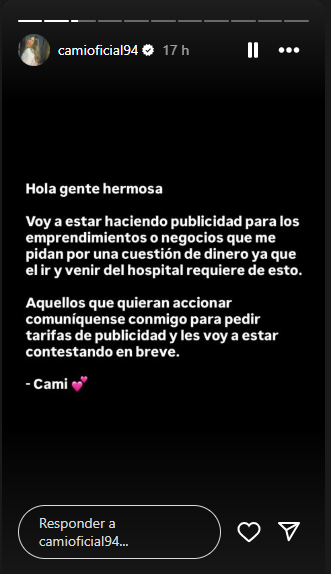 Camilota pidió trabajo para cubrir los gastos de su viaje al hospital en el que está Thiago Medina