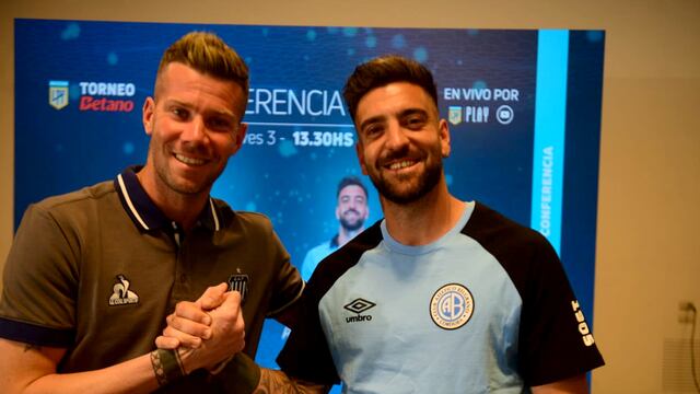 Guido Herrera y Alejandro Rebóla. Presentación del clásico cordobés Talleres y Belgrano el próximo domingo. (José Gabriel Hernández / La Voz)