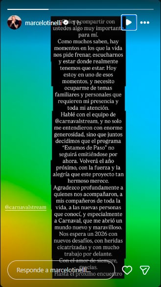 El mensaje de Marcelo Tinelli. Foto: captura pantalla Instagram.