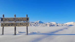 El impactante paisaje de La Payunia cubierta de nieve y que la hace ver como una postal del espacio. Foto: Gentileza Guardaparque Jimena Martíjez Chaves